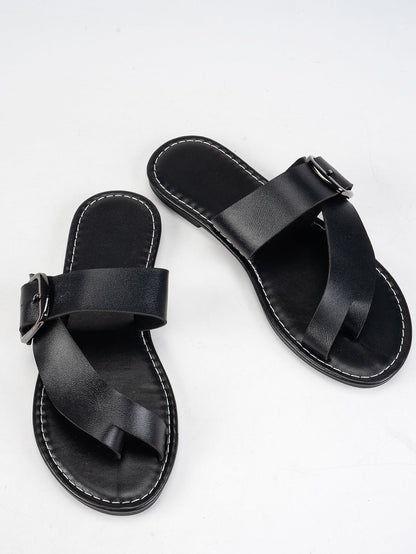Plus Size Buckle Clip Toe Sandals Suumer Flat Beach Slippers Women's Shoes